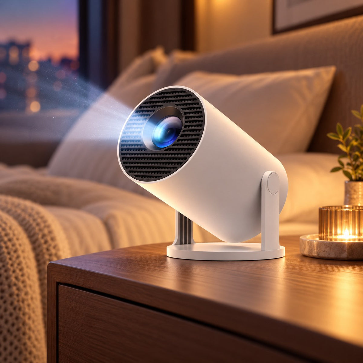 Vidéoprojecteur Luvareon sur une table de chevet